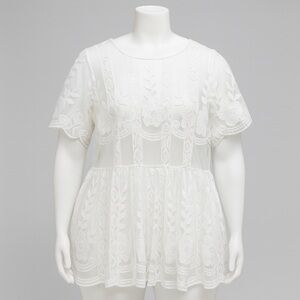 Plus Size White Sheer Embroidered Peplum Top 3XL Boho Cottagecore Emeri Rose